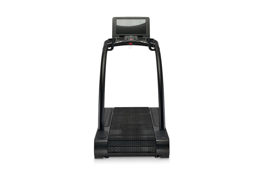 Black motorized treadmill with digital console display and textured running deck on white background