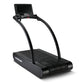 Black Woodway 4Front treadmill with curved running deck, arched handrails, and digital display console, viewed from front ang
