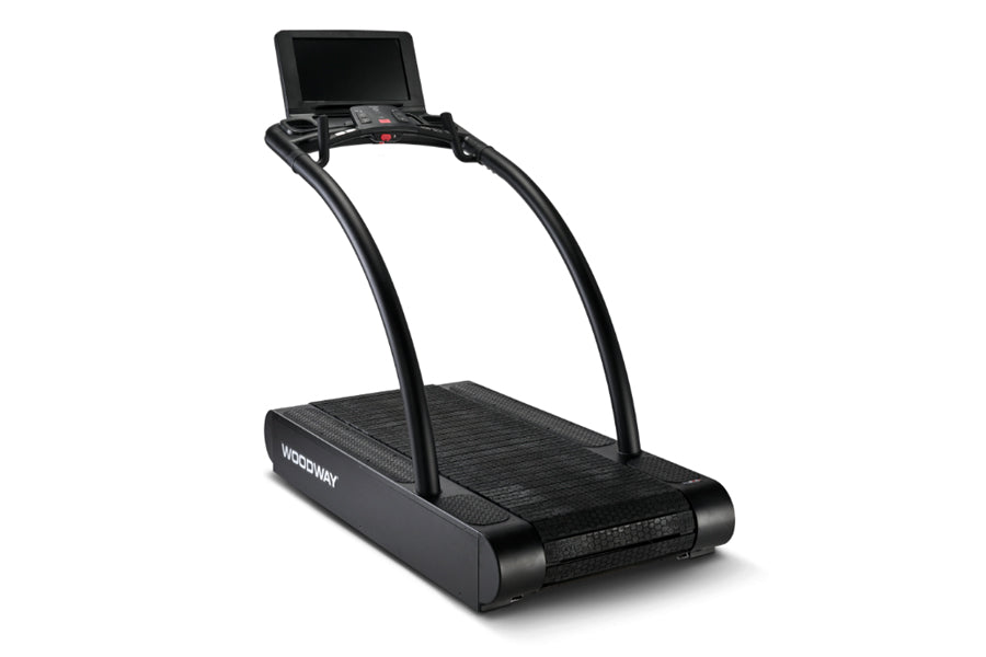Black Woodway 4Front treadmill with curved running deck, arched handrails, and digital display console, viewed from front ang