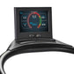 Black curved treadmill with digital display screen showing workout metrics including pace, calories, and walk mode indicator