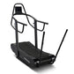 Black Woodway Curve FTG treadmill with curved running deck, handrails, and digital display on white background
