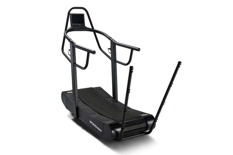 Black Woodway Curve FTG treadmill with curved running deck, handrails, and digital display on white background