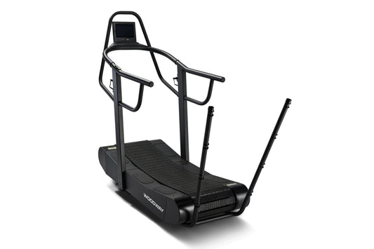 Black Woodway Curve FTG treadmill with curved running deck, handrails, and digital display on white background