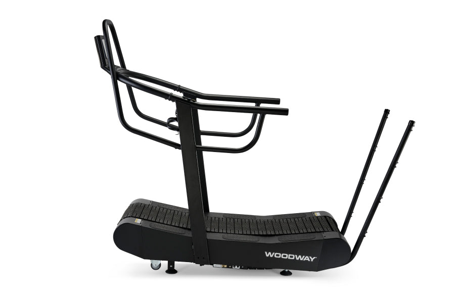 Black Woodway Curve FTG treadmill with curved running belt, dual handles, and footrest on white background