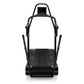 Black motorless treadmill with curved running surface and dual side handrails, front view on white background