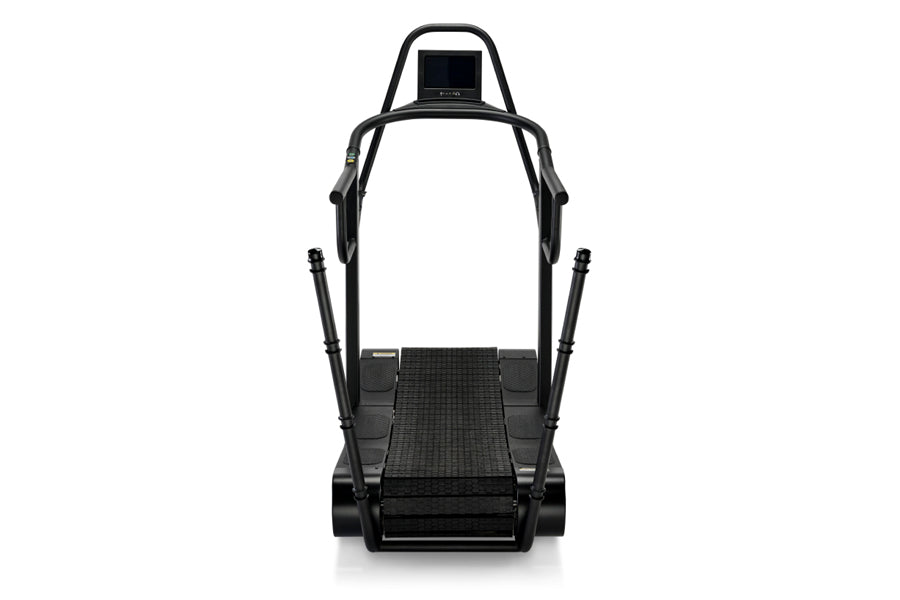 Black motorless treadmill with curved running surface and dual side handrails, front view on white background
