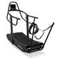 Black Woodway Curve FTG treadmill with curved running surface, handlebar arms, and digital display on white background