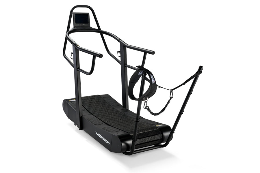 Black Woodway Curve FTG treadmill with curved running surface, handlebar arms, and digital display on white background