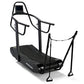 Woodway Curve FTG black treadmill with curved running surface, dual handrails, digital display, and foot pedals on white back