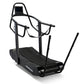 Black Woodway Curve FTG treadmill with curved running surface, dual handles with grip bars, and adjustable resistance arms on