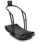 Black curved treadmill with dual handles, textured running surface, and digital display console mounted on top arch