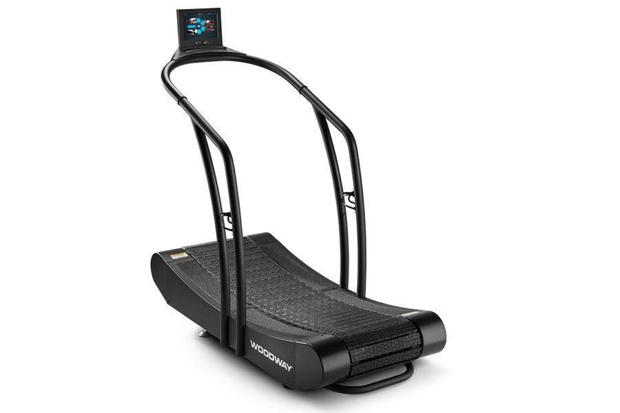 Black curved treadmill with dual handles, textured running surface, and digital display console mounted on top arch