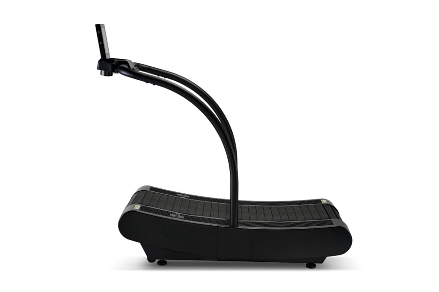 Black curved treadmill with motorless belt, arched running surface, and upright display arm on white background