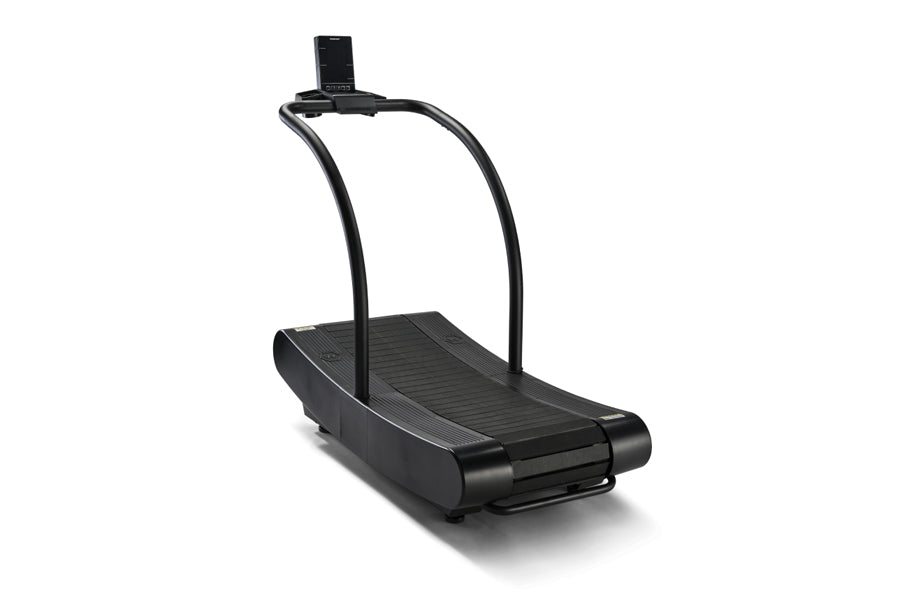 Black curved manual treadmill with curved running belt and dual handles on white background