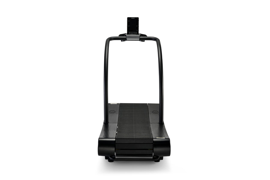 Black Woodway Curve LTG treadmill with curved running belt and handrail frame on white background