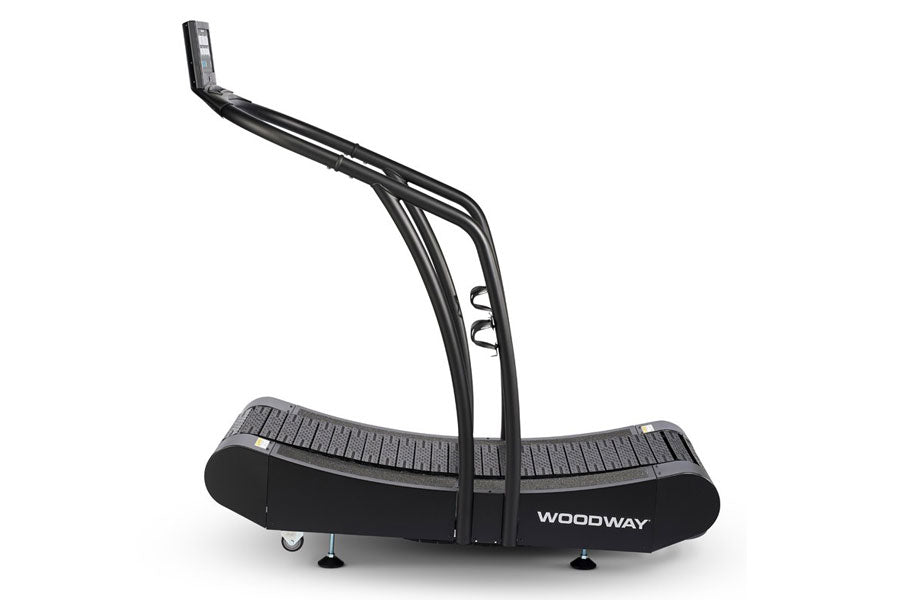 Woodway Curve black manual treadmill with curved running surface and angled handlebar on white background