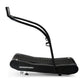Woodway Curve Trainer black treadmill with curved running deck and dual handles, shown at angle on white background