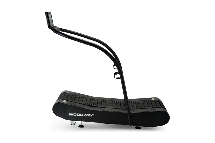 Woodway Curve Trainer black treadmill with curved running deck and dual handles, shown at angle on white background
