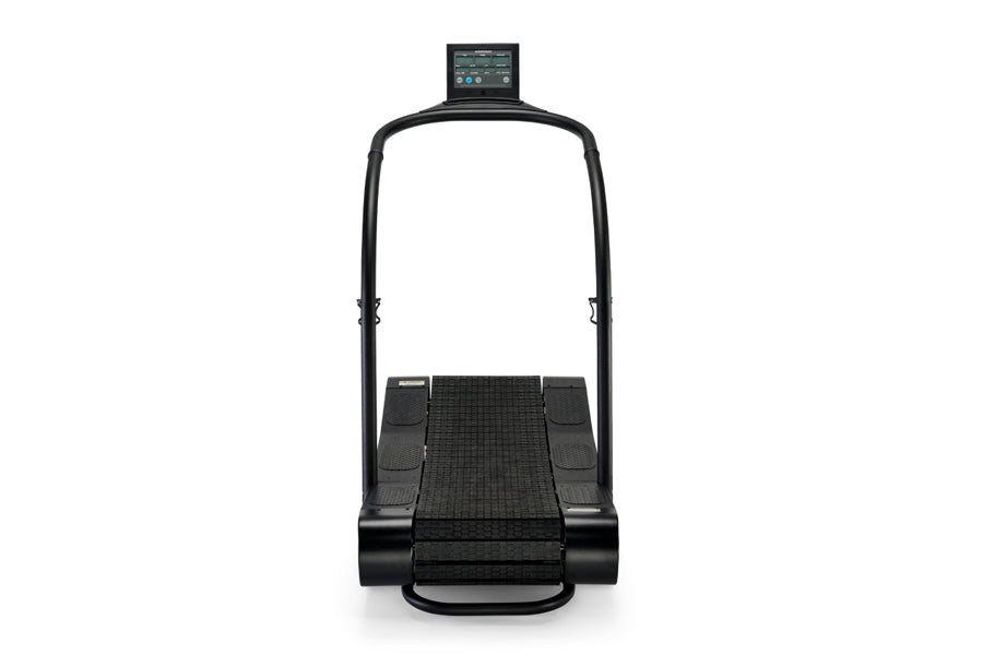 Black curved treadmill with digital console display, textured running belt, and arched frame on white background