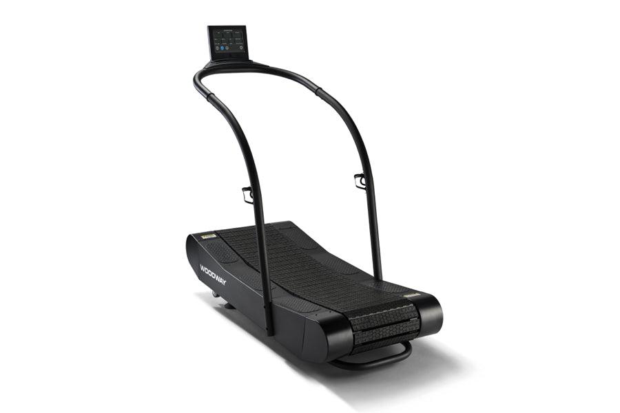 Woodway Curve Trainer Treadmill with black belt, curved running surface, and digital console on white background