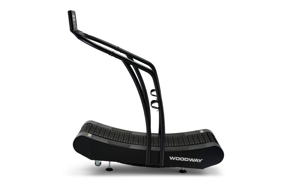 Black curved treadmill with adjustable handles and Woodway branding on white background
