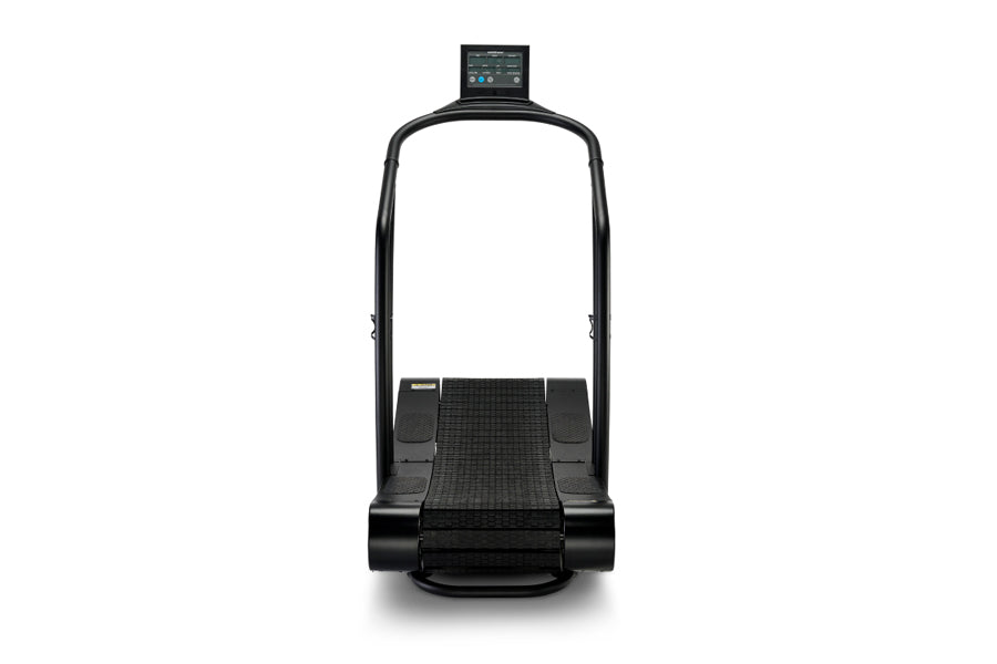Woodway Curve black treadmill with curved running surface, digital display console, and handrails on white background