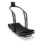 Black Woodway Curve treadmill with curved running deck, dual handrails, and digital display console on white background