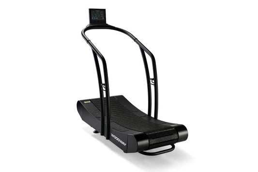 Black Woodway Curve treadmill with curved running deck, dual handrails, and digital display console on white background