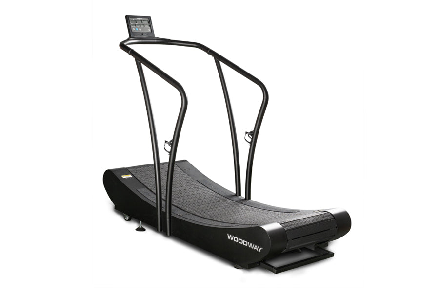 Woodway Curve XL curved treadmill with black frame, textured running surface, and digital display console on white background