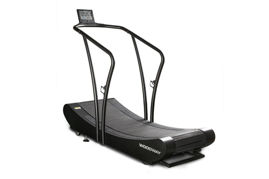 Woodway Curve XL curved treadmill with black frame, textured running surface, and digital display console on white background