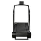Black curved treadmill with textured running belt, dual handles, and digital display console mounted on white background