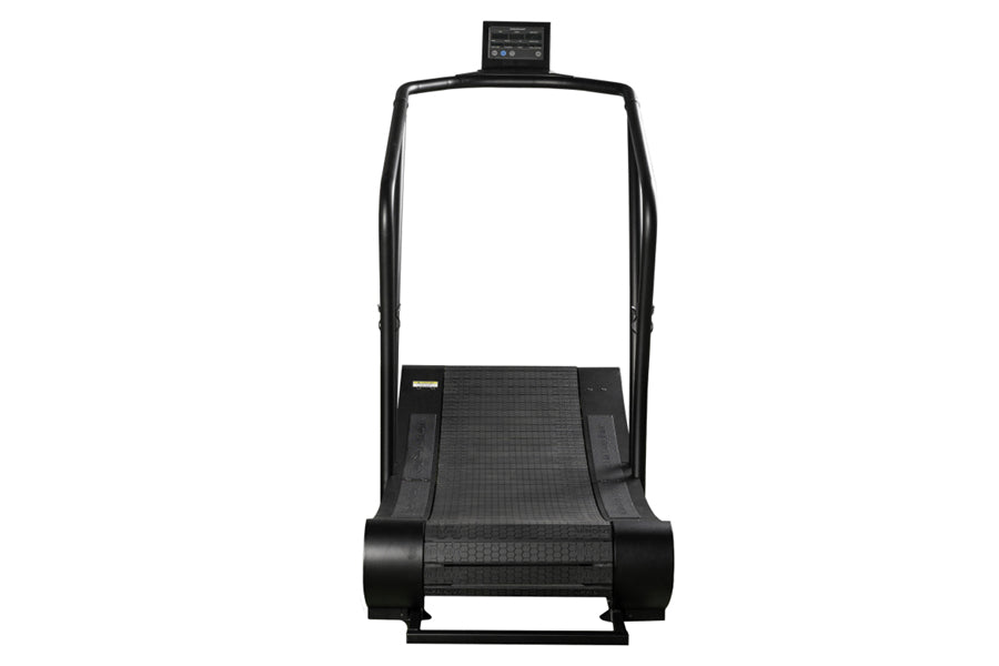 Black curved treadmill with textured running belt, dual handles, and digital display console mounted on white background