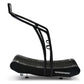 Black Woodway Curve XL treadmill with curved running deck and angled handlebar on white background