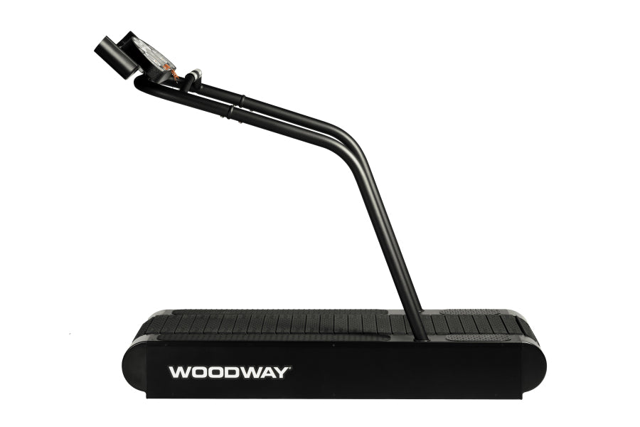 Woodway Mercury treadmill with black rubber belt and curved black metal frame on white background