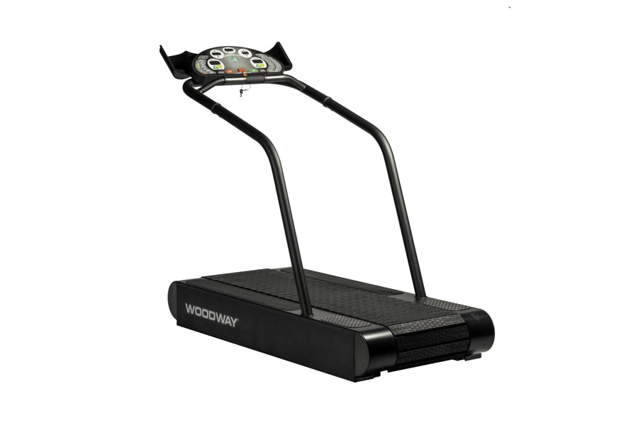 Woodway Mercury black treadmill with curved running belt, dual handrails, and digital display console on white background