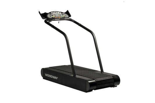 Woodway Mercury black treadmill with curved running belt, dual handrails, and digital display console on white background