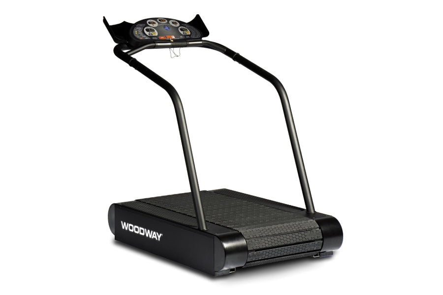 Woodway Path Treadmill with black frame, textured running deck, digital console display, and dual handrails on white backgrou