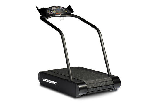 Woodway Path Treadmill with black frame, textured running deck, digital console display, and dual handrails on white backgrou