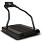 Black Woodway PRO XL treadmill with curved running belt, dual handrails, and blue digital display console on white background