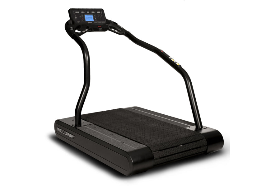Black Woodway PRO XL treadmill with curved running belt, dual handrails, and blue digital display console on white background