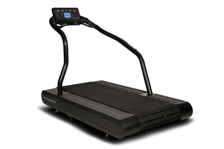 Black Woodway PRO XL treadmill with curved running deck, dual handrails, and digital control console on white background
