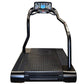 Black commercial treadmill with digital console display, curved handrails, and textured running deck on white background