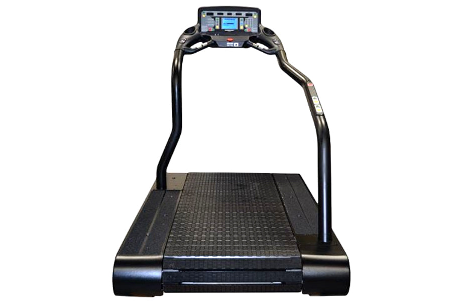 Black commercial treadmill with digital console display, curved handrails, and textured running deck on white background