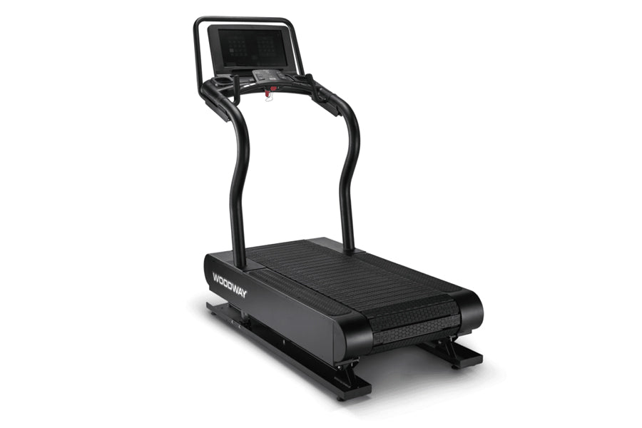 Woodway Ridgerunner black treadmill with digital display console and curved running belt on white background