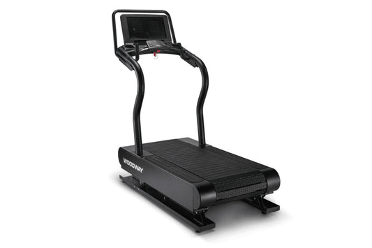 Woodway Ridgerunner black treadmill with digital display console and curved running belt on white background