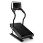 Black and gray Woodway Ridgerunner treadmill with curved handrails, digital display console, and textured running belt on whi