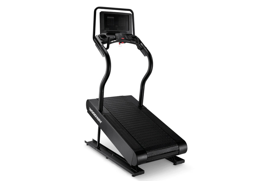 Black and gray Woodway Ridgerunner treadmill with curved handrails, digital display console, and textured running belt on whi