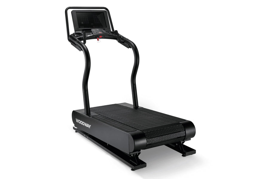 Woodway Ridgerunner black motorized treadmill with digital display console and curved handles on white background