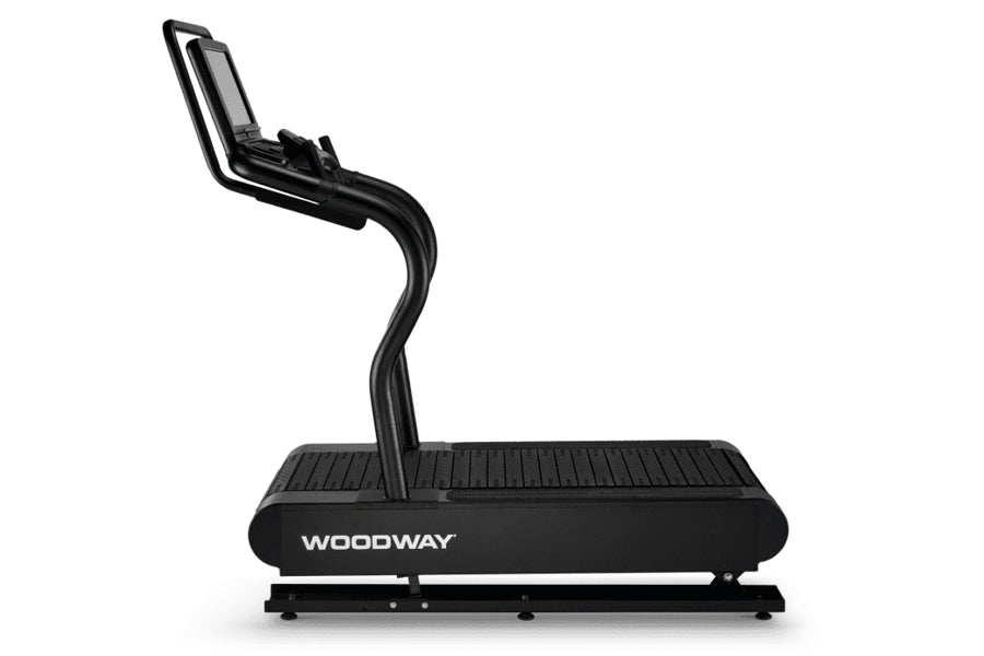 Woodway Ridgerunner black treadmill with curved running belt and adjustable display monitor on white background