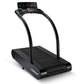 Black Woodway Vive treadmill with curved running deck, digital console, and dual handrails on white background